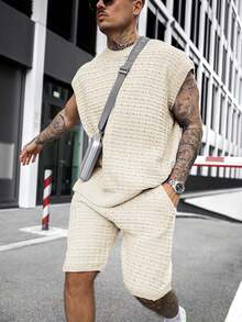 Mens Short Sets 2 Piece Outfits Summer Casual Round Neck Knit Tank Tops And Shorts Matching Tracksuits Set - 米色 - 查看 1