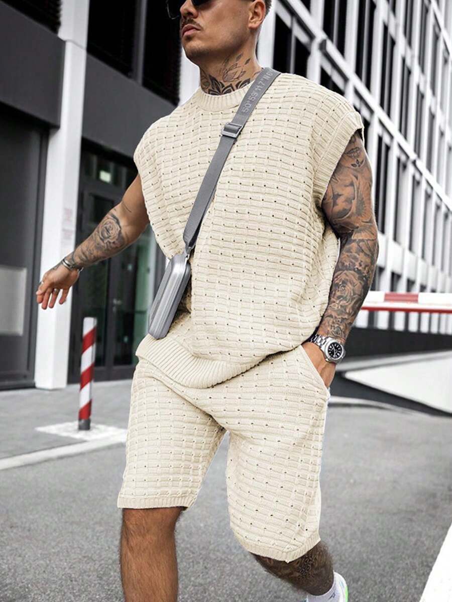 Mens Short Sets 2 Piece Outfits Summer Casual Round Neck Knit Tank Tops And Shorts Matching Tracksuits Set - 米色 - 查看 1