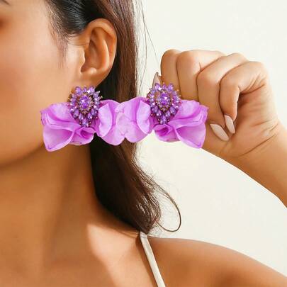 1 Pair 2026 New Bohemian Style Colorful Fabric Flower Drop Earrings, Gemstone Decorated Women's Party & Holiday Essential Earrings