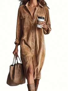 Women's Solid Color Corduroy Shirt Dress, Elegant And Stylish, Fashion Versatile, Spring/Autumn - Brown - View 5