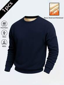 Men's Casual Thermal Lined Warm Crew Neck Sweatshirt, Autumn/Winter - Blue - View 2