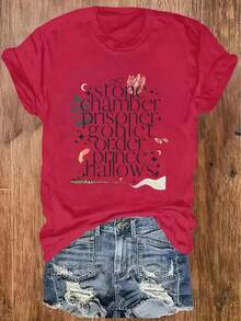 Tops4074 Printed Round Neck T-Shirt Casual Short Sleeve Top Loose And Comfortable Summer - [紅色的] - 查看 1