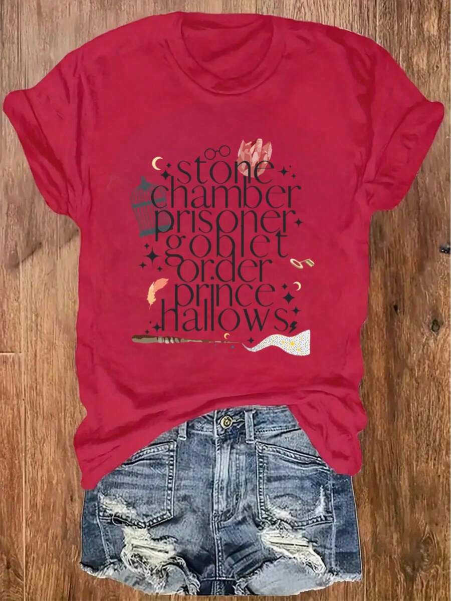 Tops4074 Printed Round Neck T-Shirt Casual Short Sleeve Top Loose And Comfortable Summer - [紅色的] - 查看 1