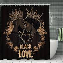 4pcs Black Love Shower Curtain Set, Golden Crown And Heart Print Bathroom Decoration, Bathroom Accessories Include Bath Mat, U-Shaped Mat, Toilet Seat Cover, 70, 87x 70, 87inch, Shower Curtain With 12 Hooks, "Love, Black", Best For Christmas, Bathroom Decorations, Christmas Decorations, Black Girls - 4 cái (71*71 inch) - Xem 2