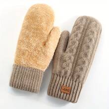 1 Pair Women's Winter Double Layer Fleece Thickened Warm Mittens Knitted Cable Pattern Cold Weather Warm Fashionable Women's Mittens Suitable For Daily Use And Parties For Women And Men - 紅色 - 查看 6