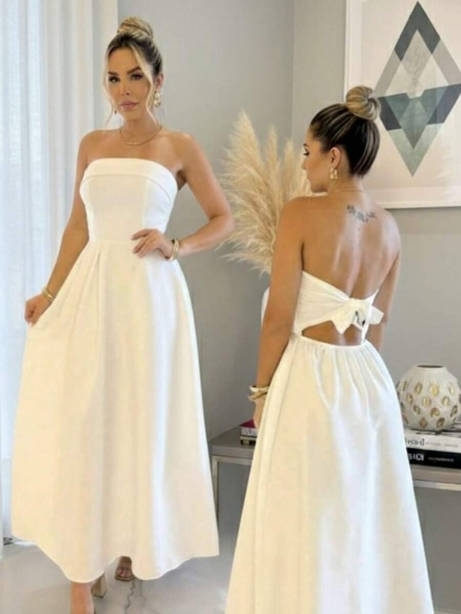 Strapless Party Dress, Draped, Plain, With Padded Cups, Various Colors. - 白色 - 查看 1