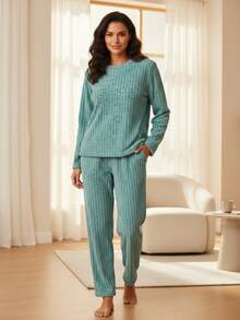 PIJAMA PANTALON MANGA LARGA PARA DAMA COLOR MENTA - Azul menta - Ver 4