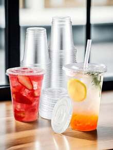 20 piezas de vasos de plástico transparentes reutilizables con tapas para beber, para café helado, batidos, malteadas, bebidas frías - transparente - Ver 2