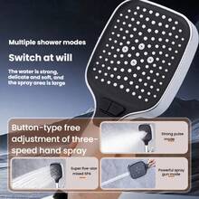 1pc Square Handheld Shower Head With High Pressure, 4 Spray Settings, Large Water Flow For Bathroom Bathing, Shower Heads - Silver - View 9
