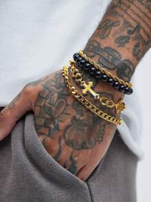 17KM Conjunto de 4 peças Punk Chic Cruz Pulseira de contas para homens, acessório para namoro, férias, roupa diária, unissex