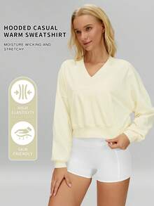 MFVIM Women's Hooded Sweatshirt, Warm Windproof Casual Loose Fit Pullover Sweatshirt, Drop Shoulder Design Hides Arm Flab, Suitable For Outdoor, Hiking, Running - Champagne - View 2