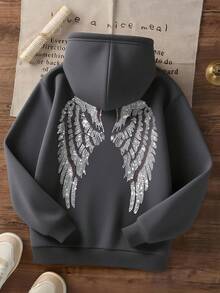 1pc Tween Girls Casual Printed Pullover Sweatshirt, Thermal Lined, Long Sleeve, Autumn/Winter - Dark Grey - View 4