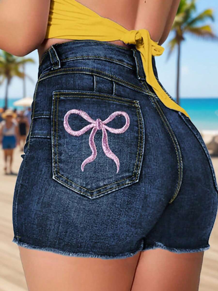 Shorts jeans femininos com bordado de laço, minimalistas e estilosos para o verão