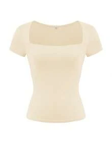 Vaiaye 女士纯色针织方领性感修身 Y2K 圣诞新年感恩节 T 恤休闲夏季款 - 杏色 - 查看 3