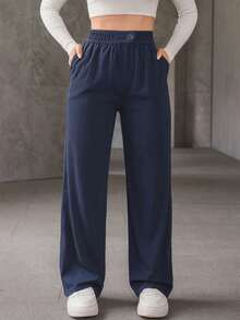 A&DD MODA, REF: ADD8949 - Women's Casual Straight-Cut Sweatpants With Elastic Waistband And Decorative Buttons At The Waist. Slightly Stretchy, With Pockets, Ideal For Outings And Everyday Wear. - 藏蓝色 - 查看 5