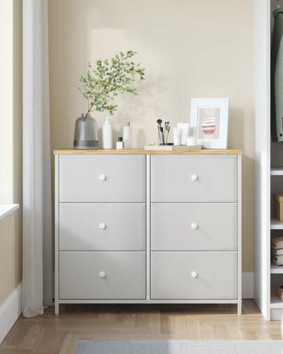 Chest Of Drawers, 6 Fabric Drawers With Metal Frame, Storage Organiser Unit, Dresser, For Nursery, Bedroom, Hallway, White And Oak