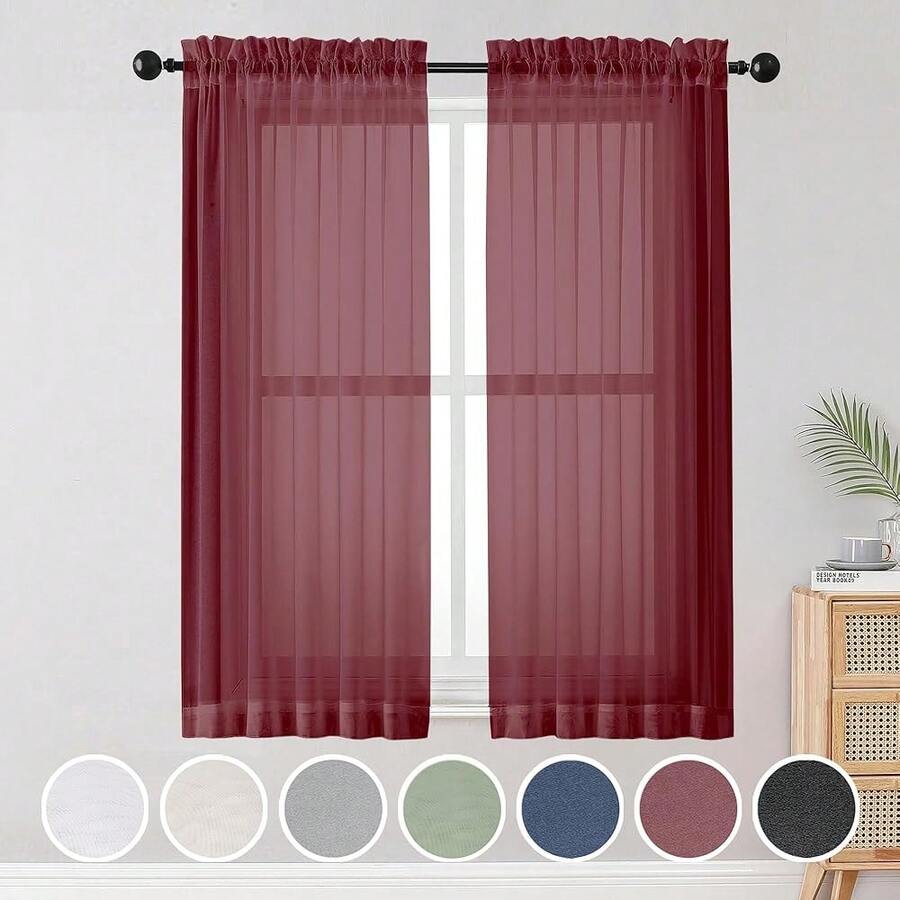 Sheer Curtains 54 Inches Long 2 Panels Set, Rod Pocket Curtain Sheers For Living Room/Bedroom, Light Filtering Voile Panels Drapes Small Window Treatments, 42inch W X 54inch L, Burgundy Red,42inchWx54inchL(Packof2),Burgundy - 酒紅色 - 查看 1