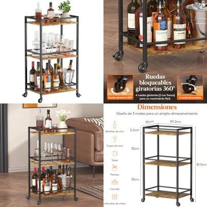 Lifewit Tres Capas de Barra de Servicio rodante, Cocina de Madera y Metal con Ruedas, Coche de Almacenamiento de Isla,(Negro)