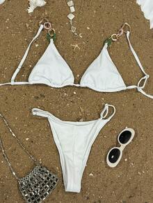 女士夏季沙滩时尚两件套比基尼，纯白色，带圆形连接环设计 - 米色 - 查看 2