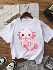 3pcs Tween Girls' Cartoon Axolotl Print Casual Short Sleeve T-Shirts, Young Students' Summer Tops Kids Love - Multicolor - View 3