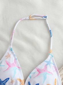 少女三件套比基尼，海星印花，三角网纱裙，休闲时尚泳装 - 彩色 - 查看 3