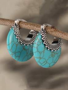 Pendientes de aro estilo bohemio, pendientes colgantes decorados con turquesa sintética - Plateado - Ver 3