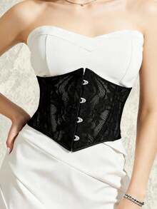 1 pieza Cinturilla de encaje corta para mujer, entrenador de cintura para exteriores, adecuado para fiestas y uso diario - Negro - Ver 3