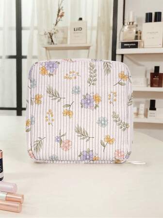 Floral Pattern Corduroy Sanitary Pad Storage Bag, Cosmetic Organizer Pouch, Portable Makeup Bag