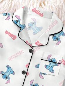 Disney 少女史迪奇系列卡通蝴蝶结印花两件套，采用柔软透气的缎面面料，休闲百搭的长袖上衣和松紧腰长裤，适合女孩，四季皆宜的家居服。 - 白色 - 查看 3