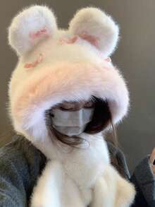 1pc Winter Hat And Scarf Set, Plush Warm Windproof Ear Protective Knit Cap, Cute Design Animal Ears - Two-in-one - View 7