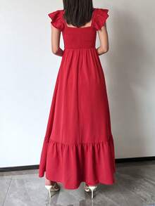大码春夏季女装节日连衣裙红色时尚休闲度假纯色简约舒适露肩连衣裙系列设计优雅飞袖女式长裙