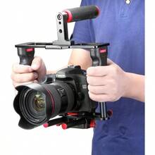 Camera Video Cage Film Movie Making Kit Aluminum Alloy With Top Handle Dual Hand Grip Two 15mm Rods Compatible With Canon  Fujifilm Nikon DSLR Camera And Camcorder Black + Red - Red - View 2