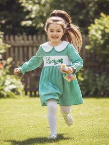 Toddler Little Girl St. Patrick's Day Dress Clover Letter Embroidered Long Sleeve Doll Collar Plaid A-Line Dress Spring Clothes - 綠色 - 查看 2