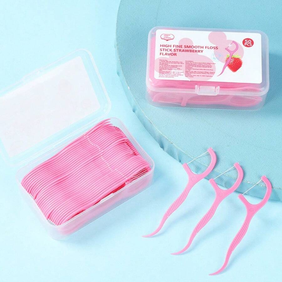 1 BOX 50pcs Polyester Dental Floss Picks, Portable Deep Cleaning , Long Flossers, Travel & Daily Use Essentials,Floss For Teeth,Toothpicks,Water Flosser,Kitchen Essentials,Home Essentials - Pink - View 1