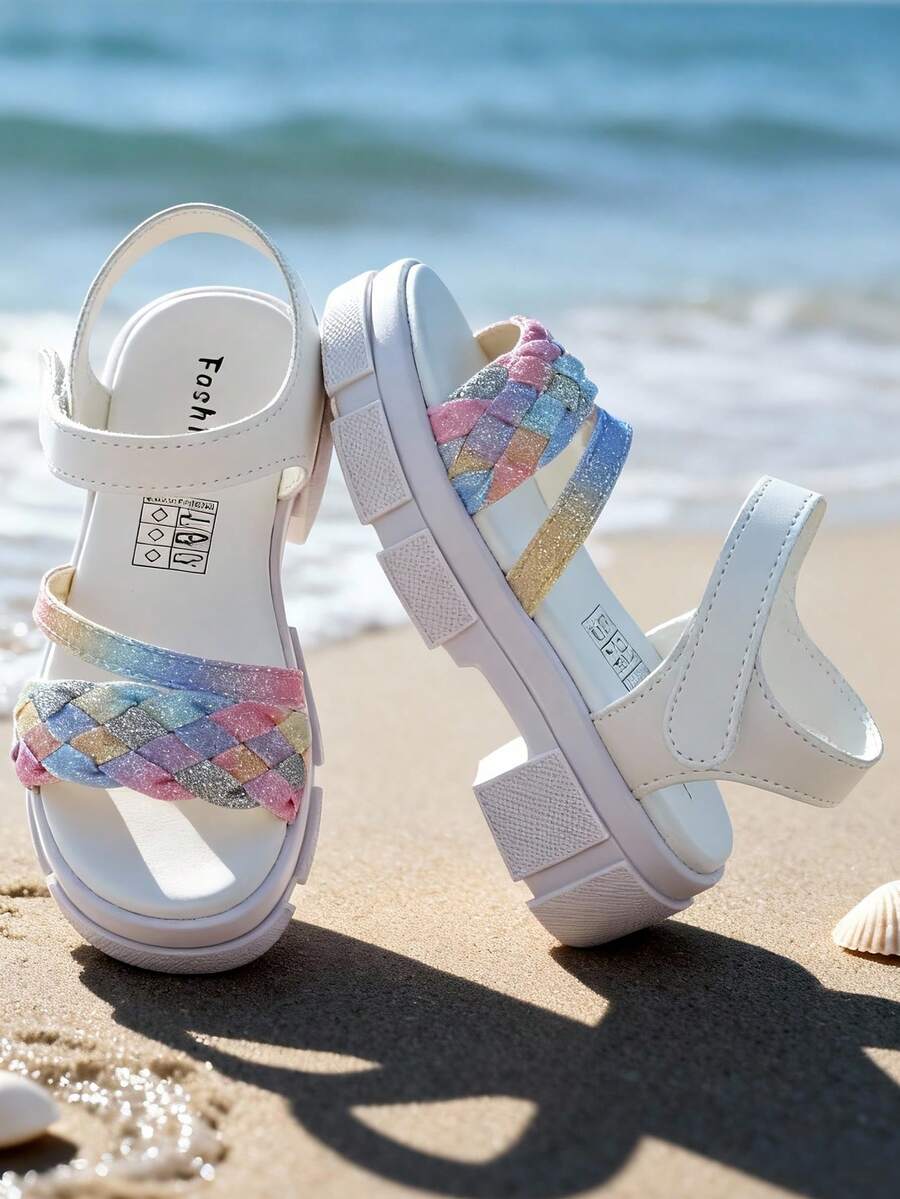 Adjustable Rainbow Ombre Woven Glitter Thick Sole Sandals For Girls Aged 3-12, Hook And Loop Closure - Multicolor - View 1