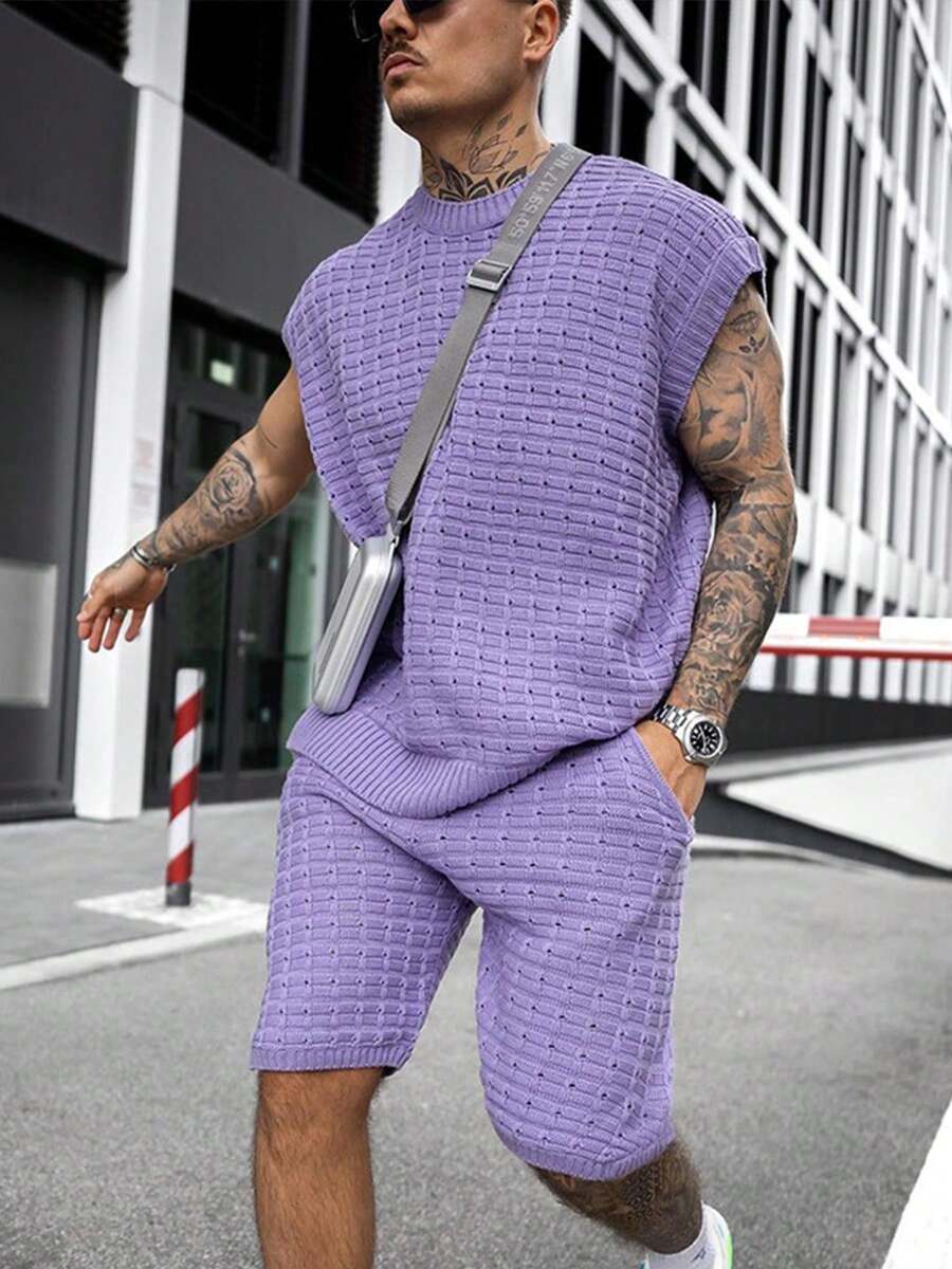 Mens Short Sets 2 Piece Outfits Summer Casual Round Neck Knit Tank Tops And Shorts Matching Tracksuits Set - Màu tím  Violet - Xem 1