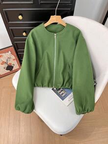 GMFP Women's Casual Elegant Loose Solid Color Pocket Zipper Long Sleeve Round Neck Jacket, Women's Autumn/Winter Bomber Jacket, Green Wool Coat, Women's Winter Jacket, New Year/Valentine's Day
