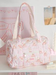 1 Piece Pink Strip Print Boston Bag Foam Quilted Tote Bag Large Capacity Travel Shoulder Bag Cute Cartoon Bear Pattern Shopping Tote Bag  Portable Travel Essentials Storage Bag Multi-Pocket Gym Bag Soft Fabric Cosmetics Storage Bag Fashionable Travel Makeup Handbag Multi-Functional Items Organizer Bag Gym Bag Ladies Accessories Travelling Stuff School Supplies Back To School Gifts Christmas Gift - 粉紅色條紋小熊 - 查看 6