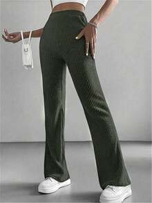 Women's Solid Color Ribbed Elastic Waist Elegant Pants - Army Green - View 3