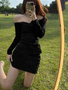 一件式露肩收腰黑色迷你连衣裙，春季款 - 黑色 - 查看 4