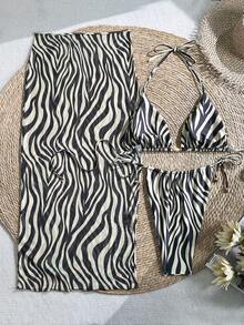 大码挂脖比基尼套装，斑马纹半身裙，优雅中等弹力泳衣，适合度假海滩夏季穿着 - 彩色 - 查看 3