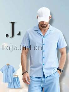Men's Set: Button-Down Shirt And Shorts, Mauricinho Crepe Style, Sizes P, M, G, GG - 藍色 - 查看 2