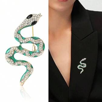 Luxury Green Crystal Snake Brooch, Unisex Alloy Suit Lapel Pin, Animal Design Badge, Vintage Jewelry Accessory, Gift