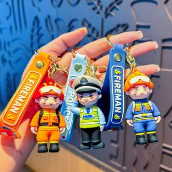 Cartoon Zinc Alloy Traffic Keychain Figurine, Firefighter, Teddy Bear Bag Charm, Plush Doll, Small Gift