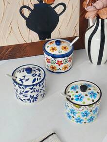 1pc Floral Design Ceramic Spice Jar With Lid And Spoon, Creative Household Seasoning Container, Convenient Spice Dispenser