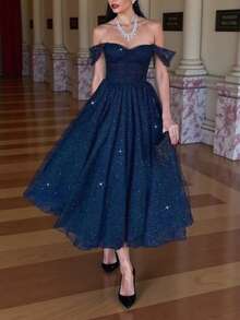 浪漫假日公主腰喇叭圣诞闪亮派对礼服，女士舞会礼服 - 藏蓝色 - 查看 4