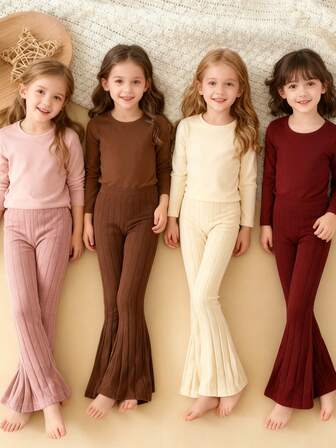 Conjunto de 4 pantalones acampanados de cintura alta, de unicolor, elásticos y elegantes para niñas jóvenes. Pantalones de pierna ancha, suaves y cómodos de punto, de estilo casual y versátil, muy adecuados para primavera y otoño, actividades al aire libre, reuniones, fiestas y ocio diario.