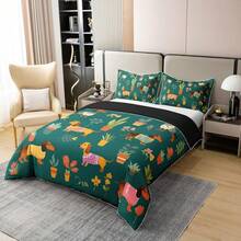 % Cotton Pink Dachshund Comforter Cover, Flower Floral Bedding Set, Kawaii Sausage Dog Duvet Cover, Lovely Puppy Quilt Cover, Soft Comfy, Dachshund Bedding - Green Yellow - 查看 7
