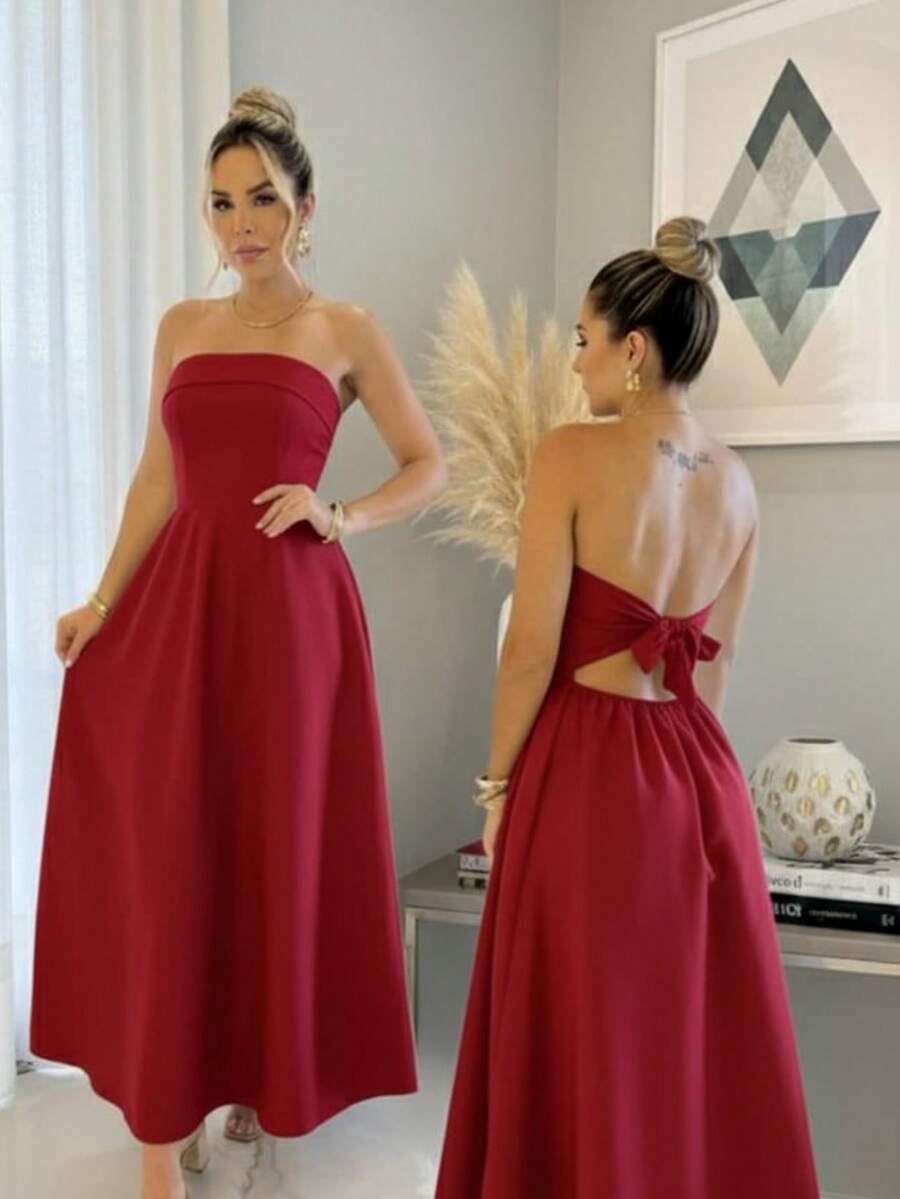 Strapless Party Dress, Draped, Plain, With Padded Cups, Various Colors. - 紅色 - 查看 1