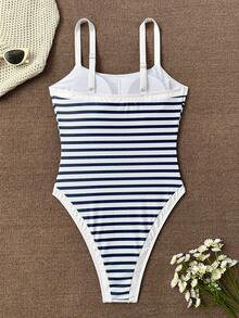 Áo tắm liền thân dây mảnh đen trắng kẻ sọc dành cho nữ, có chức năng nâng đỡ vòng bụng, thích hợp cho mùa hè đi biển, dự tiệc, áo tắm liền thân cho kỳ nghỉ năm 2026 dành cho nữ. - sọc - Xem 3